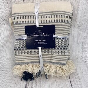 Brooks Brothers Tablecloth 60x144 Navy Cream Striped Fringe Oblong 100% Cotton